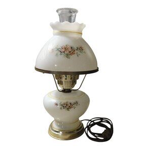 Vintage Lamp Light Floral Flower Milk Glass Hurricane Brass 3 Way Electric Plug